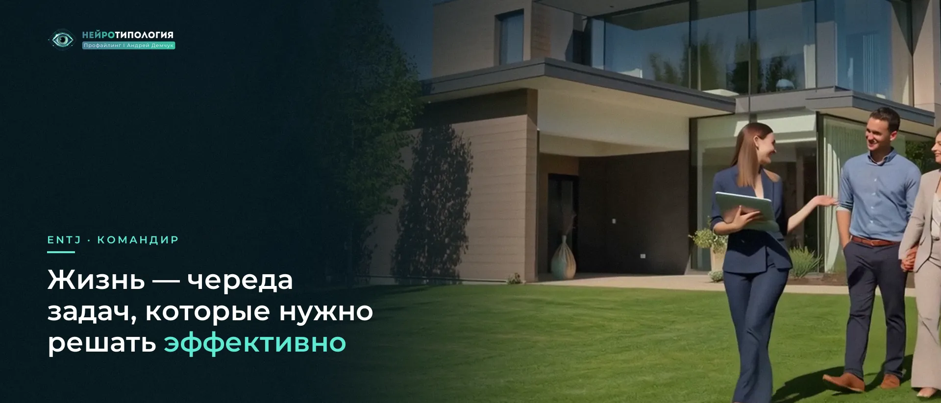 Команда обсуждает проект на фоне современного дома: ENTJ решает задачи эффективно