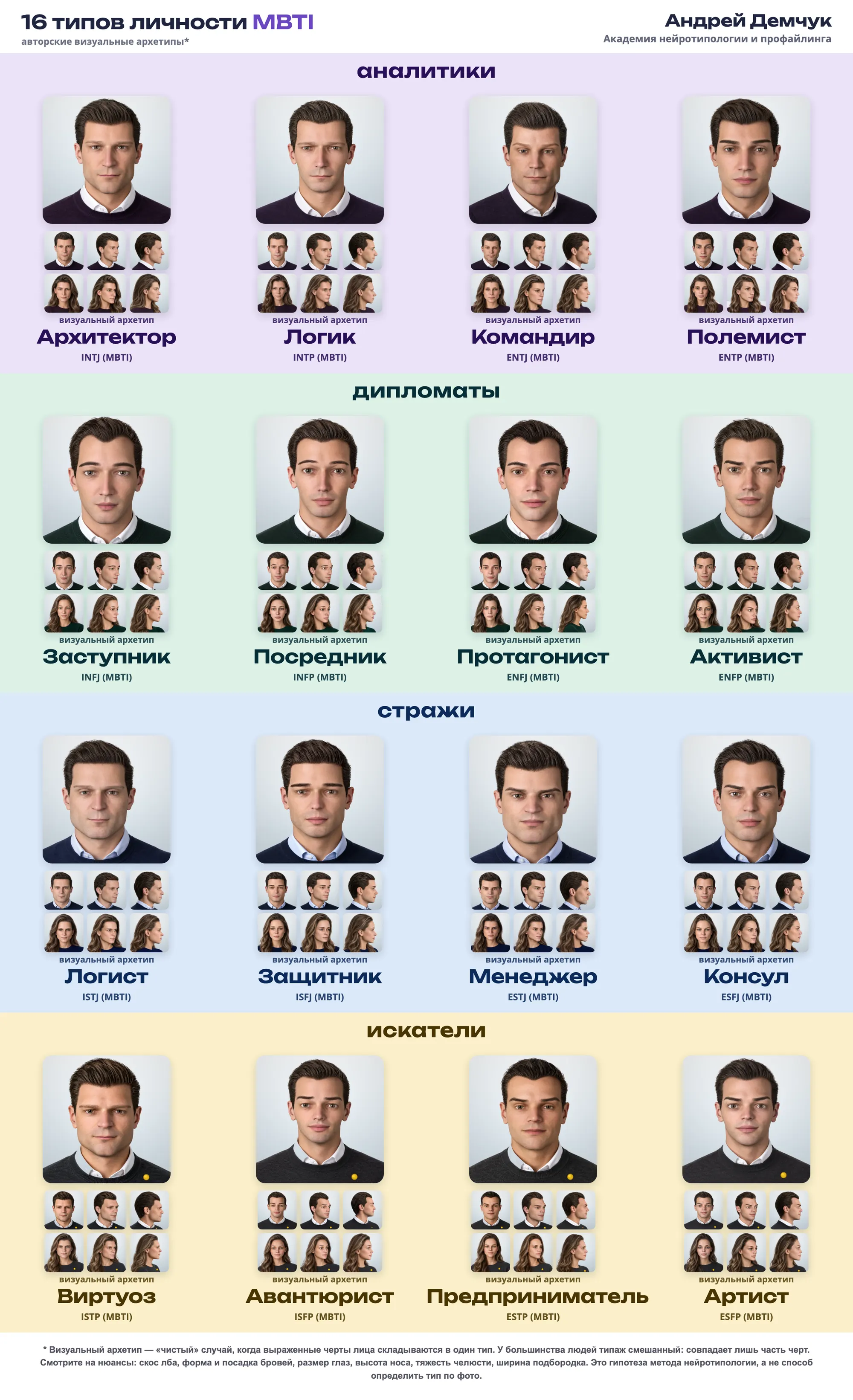 16 типов личности MBTI: авторские визуальные архетипы, мужчины, анфас
