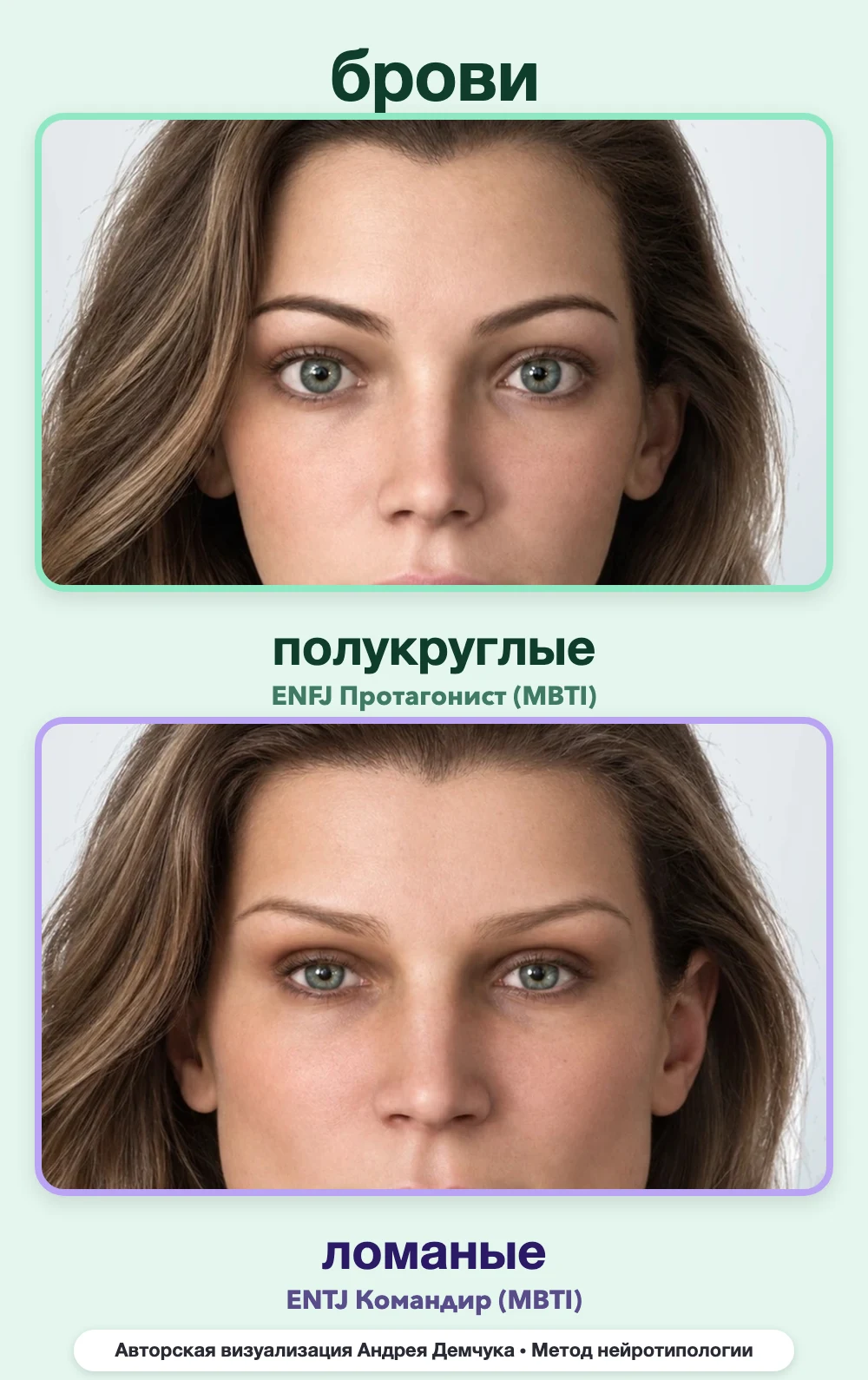 Форма бровей в нейротипологии, вид анфас: полукруглые (ENFJ) и ломаные (ENTJ), сравнение архетипов Форма бровей в нейротипологии, вид анфас: полукруглые (ENFJ) и ломаные (ENTJ), сравнение архетипов
