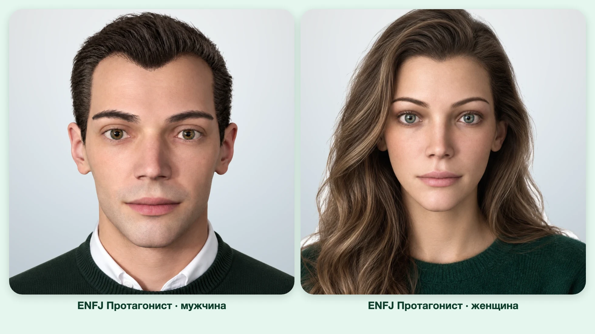 ENFJ Протагонист (MBTI): мужчина и женщина рядом, анфас ENFJ Протагонист (MBTI): мужчина и женщина рядом, анфас