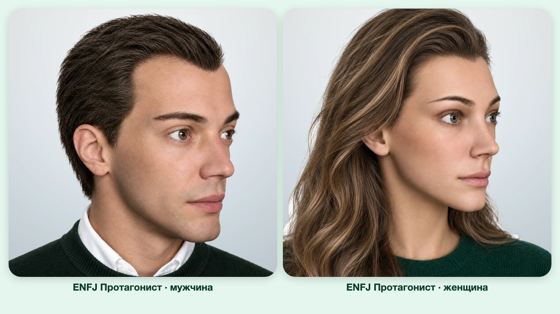 ENFJ Протагонист (MBTI): мужчина и женщина рядом, три четверти ENFJ Протагонист (MBTI): мужчина и женщина рядом, три четверти