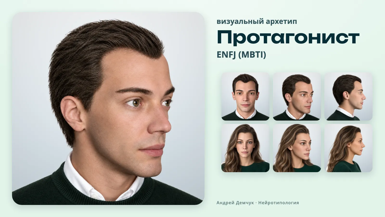 Протагонист ENFJ — визуальный архетип: мужчина и женщина, анфас, три четверти и профиль ENFJ Протагонист (MBTI): визуальный архетип, мужчина и женщина в трёх ракурсах