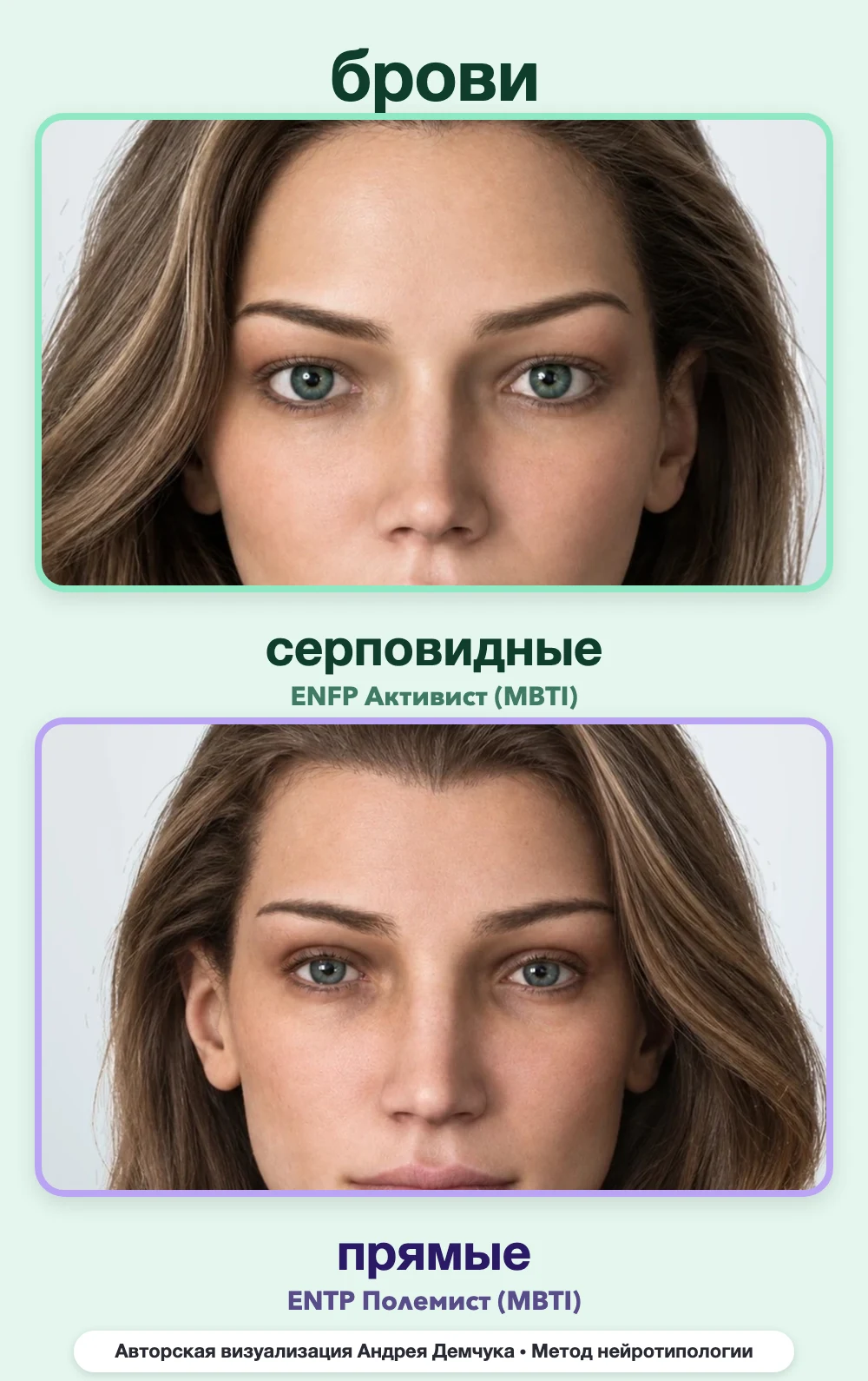 Форма бровей в нейротипологии, вид анфас: серповидные (ENFP) и прямые (ENTP), сравнение архетипов Форма бровей в нейротипологии, вид анфас: серповидные (ENFP) и прямые (ENTP), сравнение архетипов