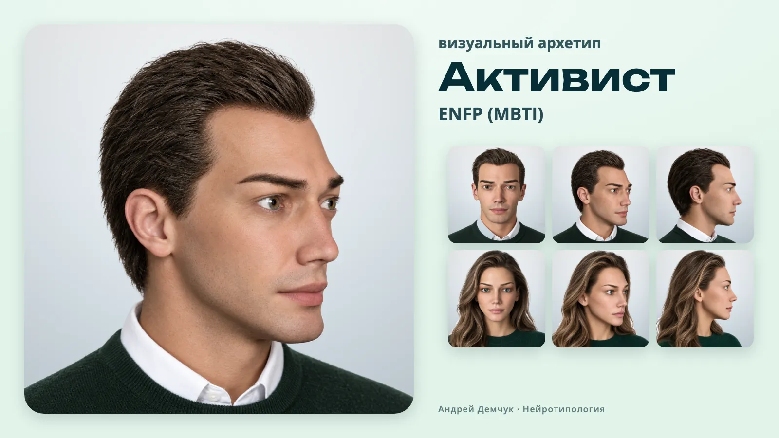 ENFP Активист (MBTI): визуальный архетип, мужчина и женщина в трёх ракурсах