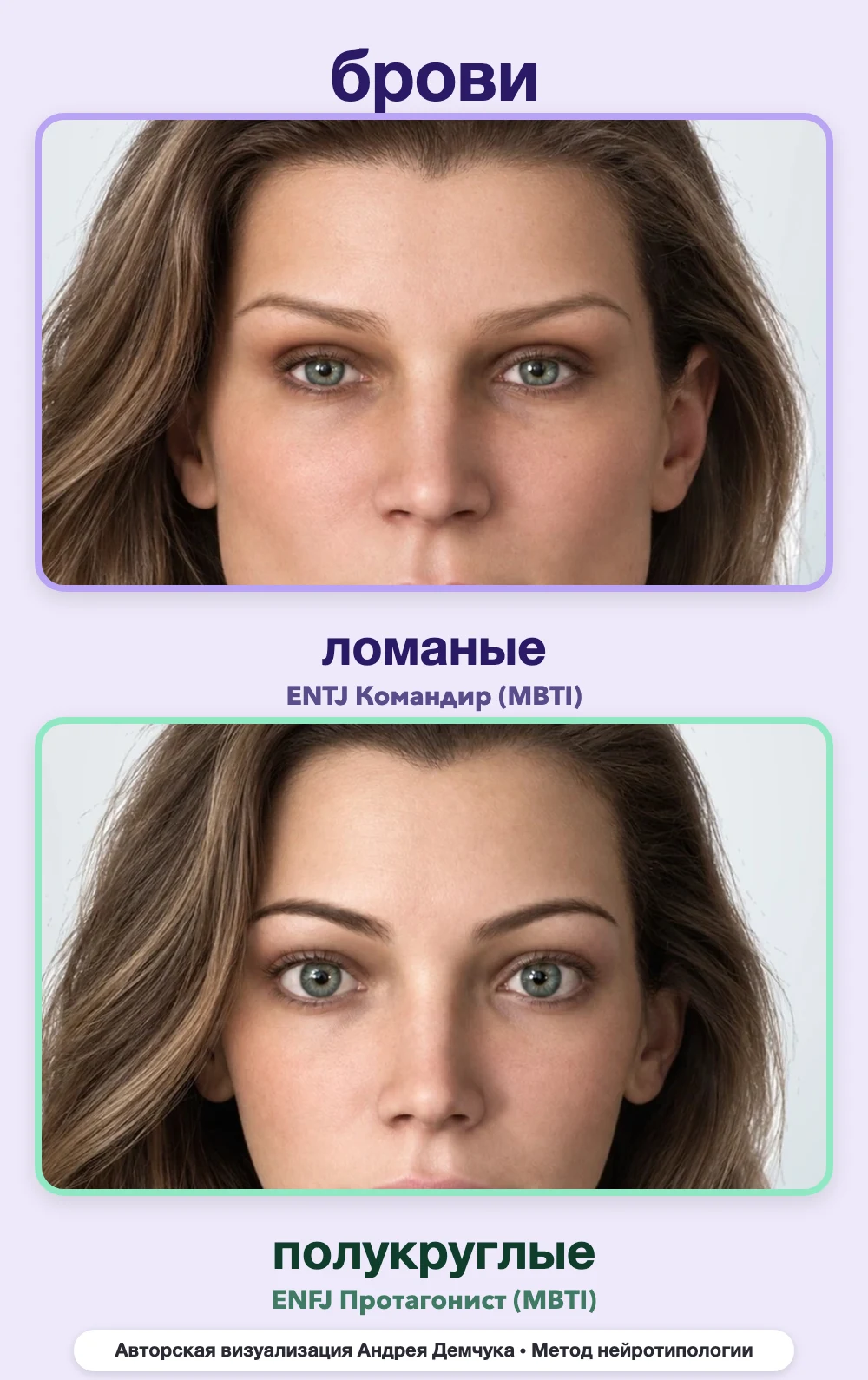Форма бровей в нейротипологии, вид анфас: ломаные (ENTJ) и полукруглые (ENFJ), сравнение архетипов Форма бровей в нейротипологии, вид анфас: ломаные (ENTJ) и полукруглые (ENFJ), сравнение архетипов