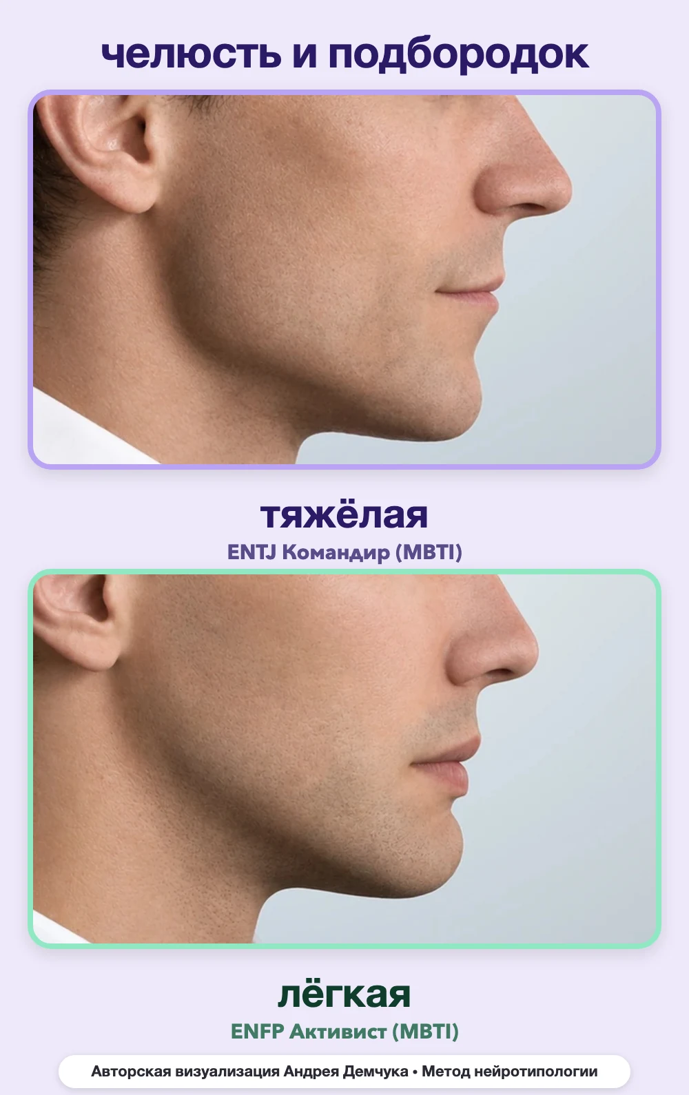 Тяжесть челюсти в нейротипологии, вид в профиль: тяжёлая (ENTJ) и лёгкая (ENFP), сравнение архетипов Тяжесть челюсти в нейротипологии, вид в профиль: тяжёлая (ENTJ) и лёгкая (ENFP), сравнение архетипов