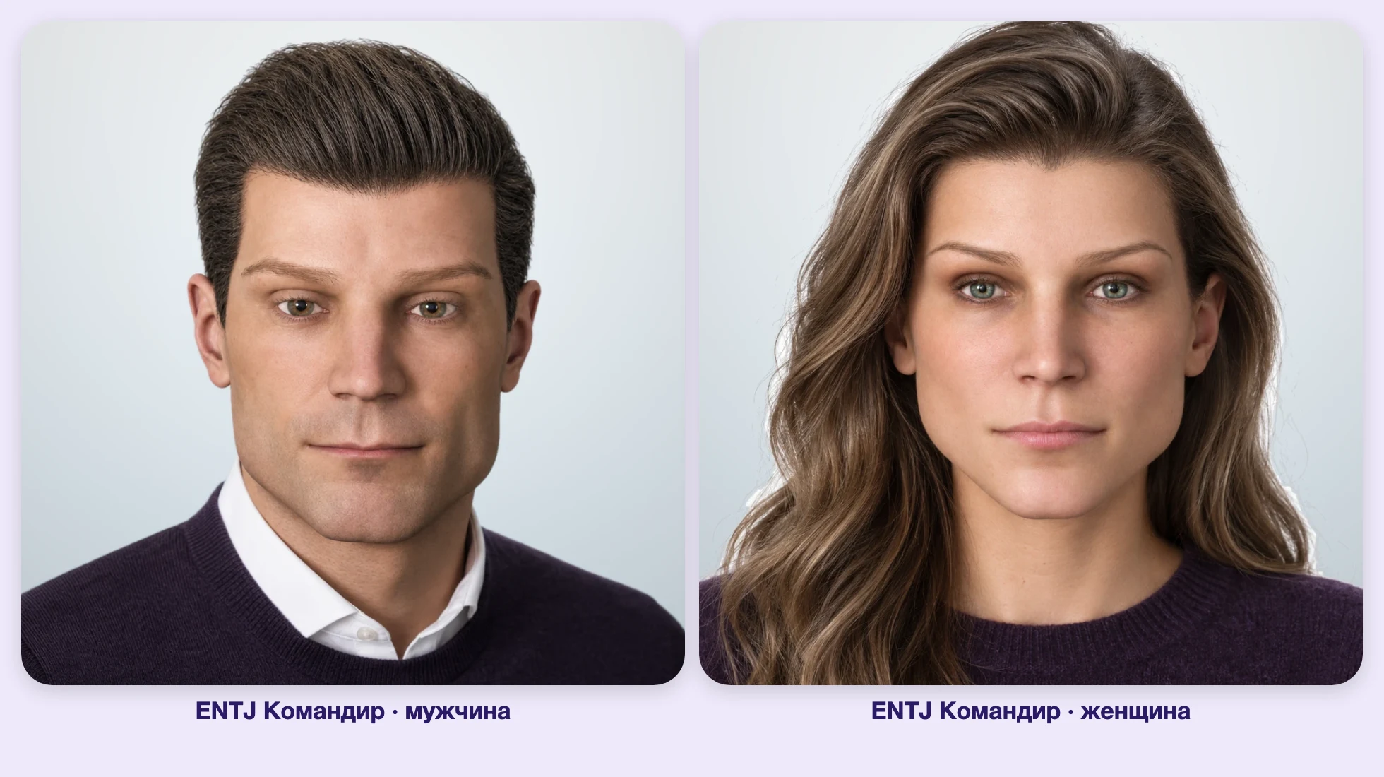 ENTJ Командир (MBTI): мужчина и женщина рядом, анфас ENTJ Командир (MBTI): мужчина и женщина рядом, анфас
