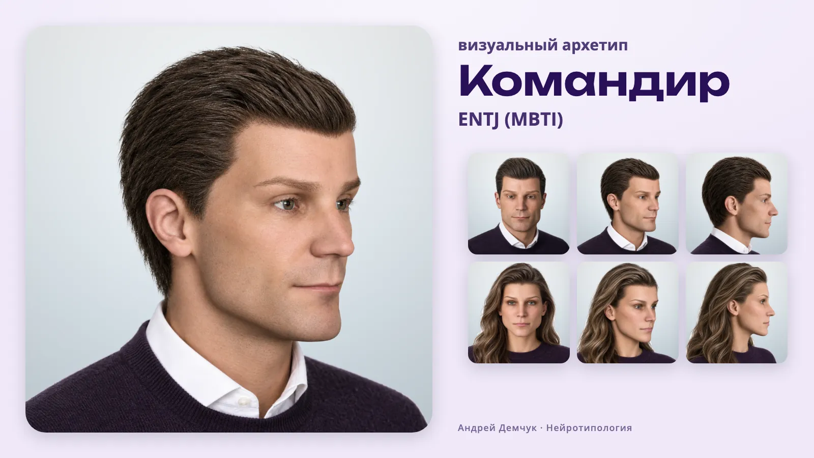 Командир ENTJ — визуальный архетип: мужчина и женщина, анфас, три четверти и профиль ENTJ Командир (MBTI): визуальный архетип, мужчина и женщина в трёх ракурсах
