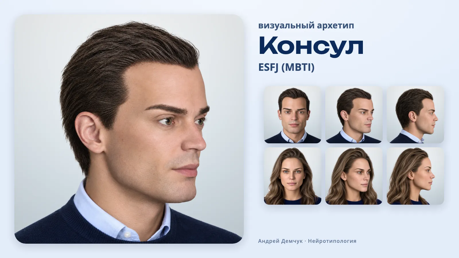 Консул ESFJ — визуальный архетип: мужчина и женщина, анфас, три четверти и профиль ESFJ Консул (MBTI): визуальный архетип, мужчина и женщина в трёх ракурсах
