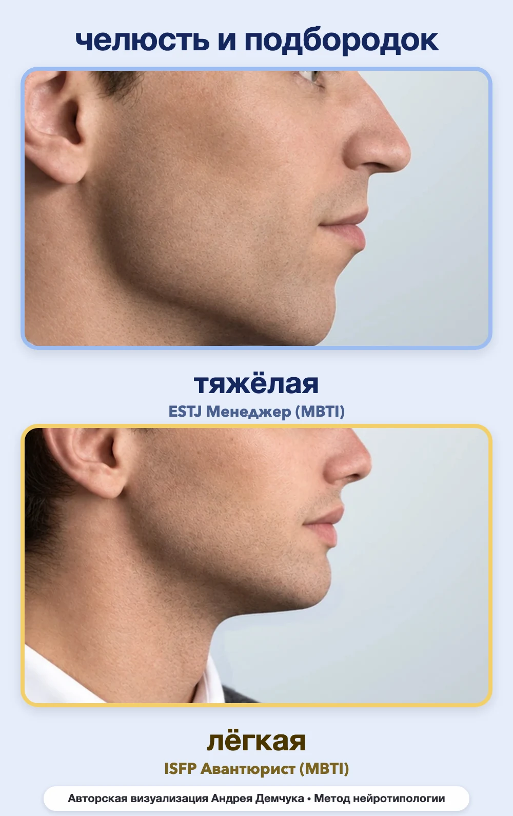 Тяжесть челюсти в нейротипологии, вид в профиль: тяжёлая (ESTJ) и лёгкая (ISFP), сравнение архетипов Тяжесть челюсти в нейротипологии, вид в профиль: тяжёлая (ESTJ) и лёгкая (ISFP), сравнение архетипов