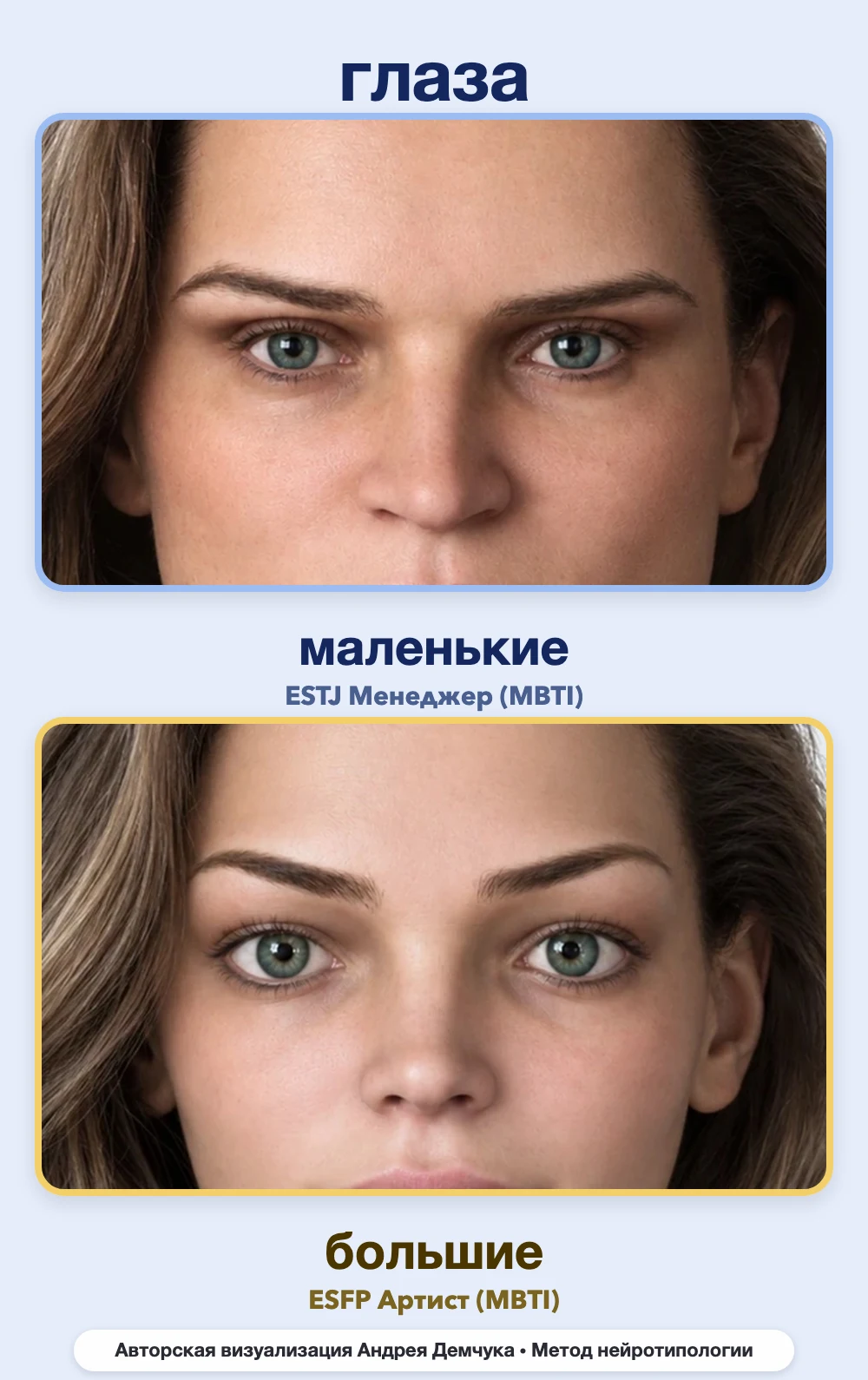 Размер глаз в нейротипологии, вид анфас: маленькие (ESTJ) и большие (ESFP), сравнение архетипов Размер глаз в нейротипологии, вид анфас: маленькие (ESTJ) и большие (ESFP), сравнение архетипов