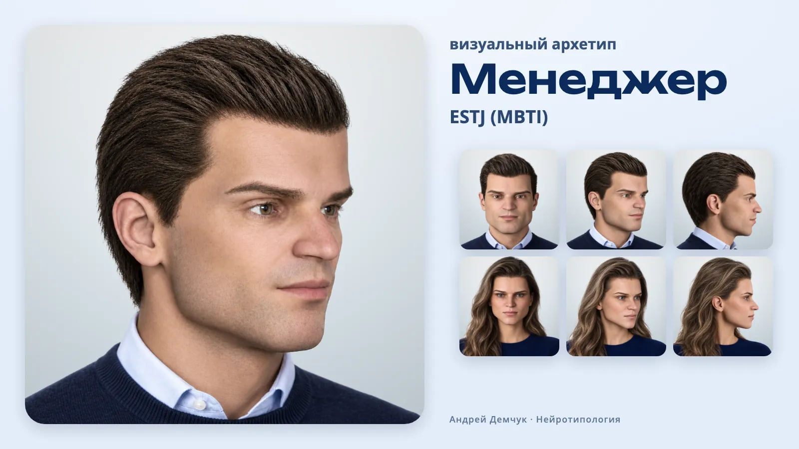 Менеджер ESTJ — визуальный архетип: мужчина и женщина, анфас, три четверти и профиль ESTJ Менеджер (MBTI): визуальный архетип, мужчина и женщина в трёх ракурсах