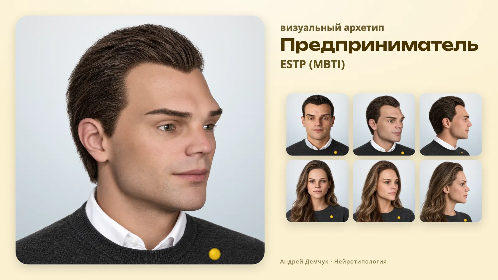 Предприниматель ESTP — визуальный архетип: мужчина и женщина, анфас, три четверти и профиль ESTP Предприниматель (MBTI): визуальный архетип, мужчина и женщина в трёх ракурсах