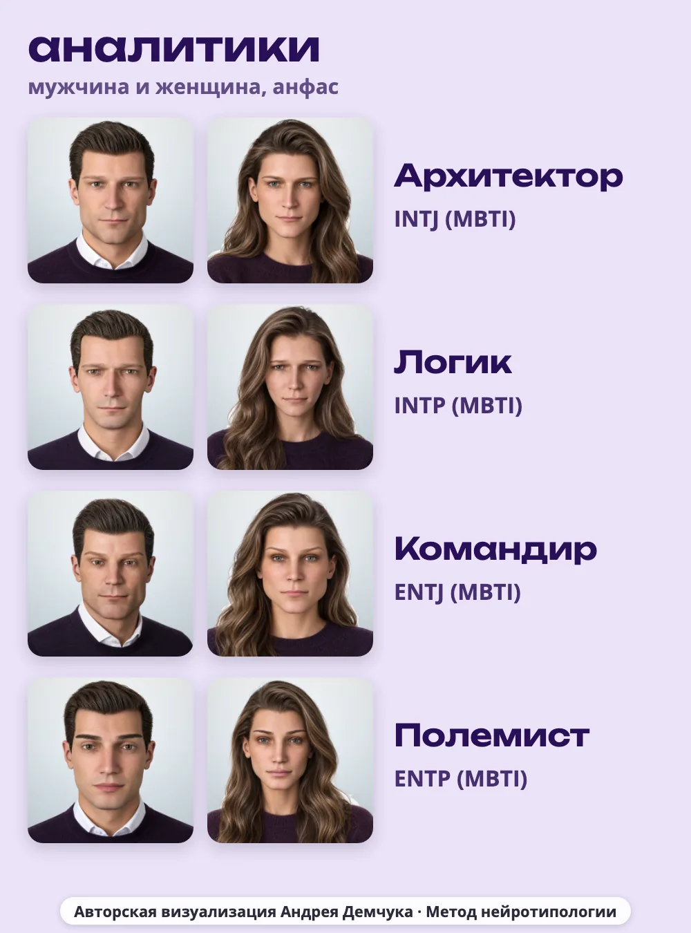 Аналитики в MBTI: INTJ Архитектор, INTP Логик, ENTJ Командир, ENTP Полемист, мужчина и женщина, анфас