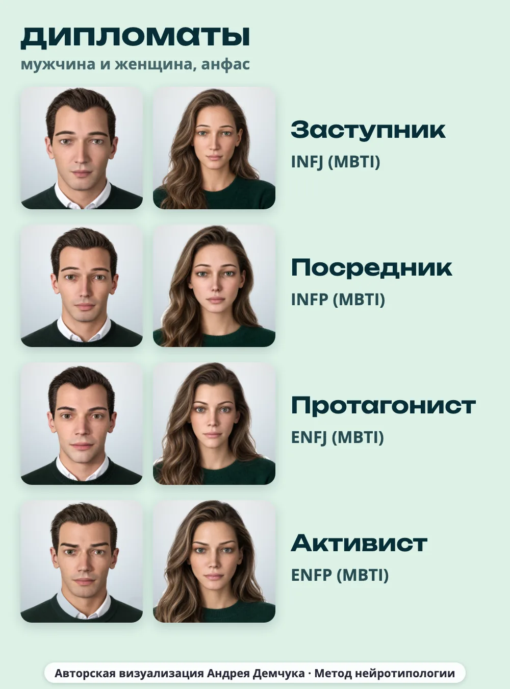Дипломаты в MBTI: INFJ Заступник, INFP Посредник, ENFJ Протагонист, ENFP Активист, мужчина и женщина, анфас