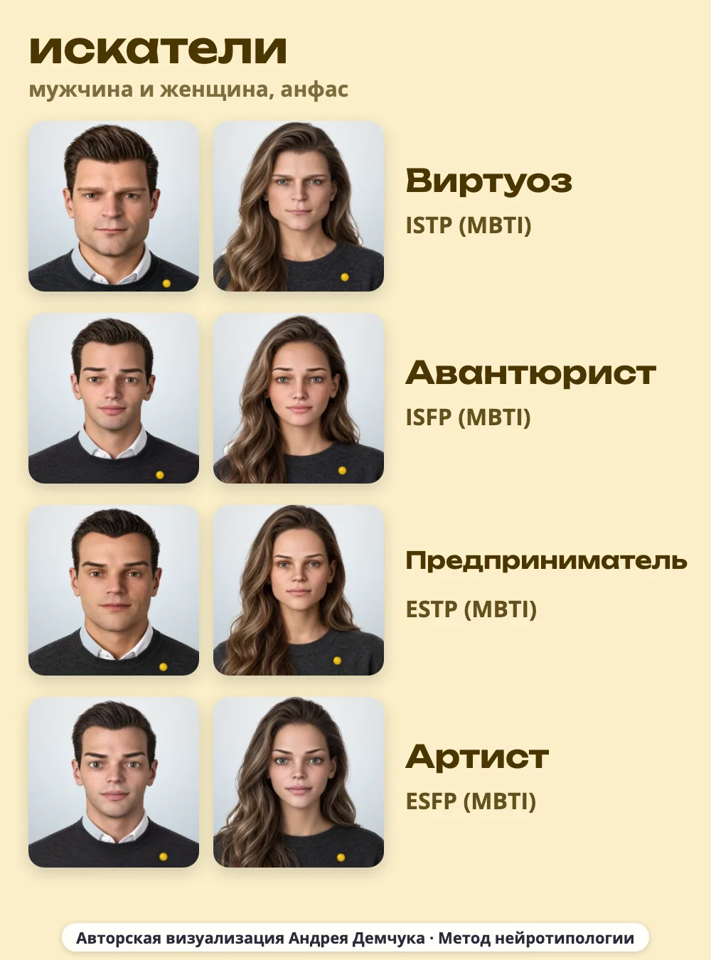 Искатели в MBTI: ISTP Виртуоз, ISFP Авантюрист, ESTP Предприниматель, ESFP Артист, мужчина и женщина, анфас