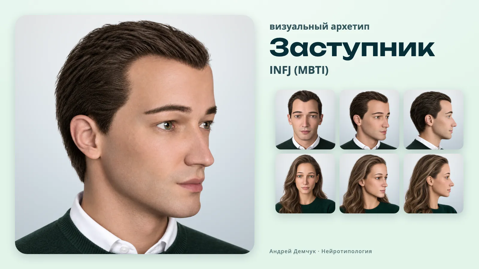 INFJ Заступник (MBTI): визуальный архетип, мужчина и женщина в трёх ракурсах