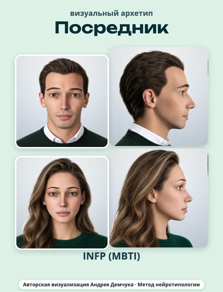 Посредник INFP: анфас и профиль INFP Посредник (MBTI): мужчина и женщина, анфас и профиль, визуальный архетип по нейротипологии