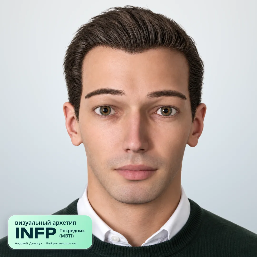Посредник INFP — визуальный архетип по нейротипологии (мужчина, анфас) INFP Посредник (MBTI): визуальный архетип, мужчина, анфас