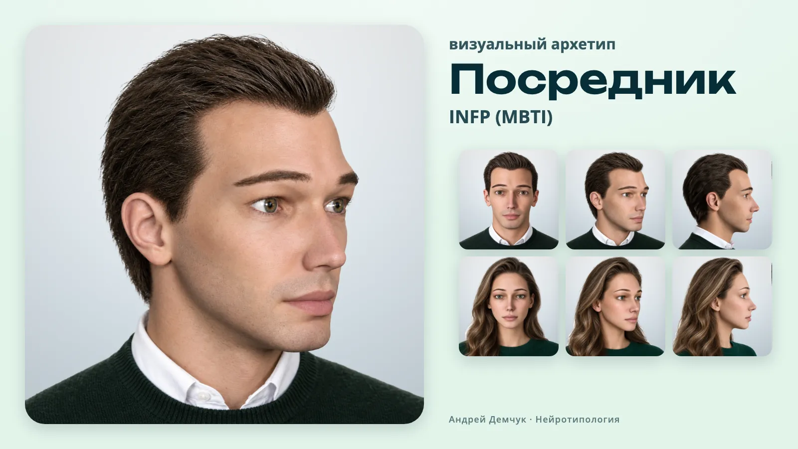 INFP Посредник (MBTI): визуальный архетип, мужчина и женщина в трёх ракурсах