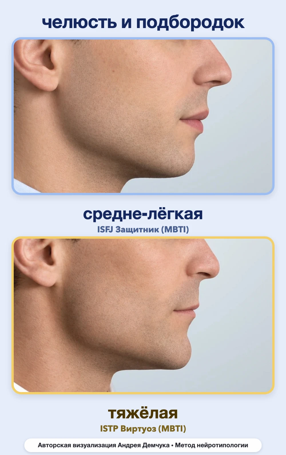 Тяжесть челюсти в нейротипологии, вид в профиль: средне-лёгкая (ISFJ) и тяжёлая (ISTP), сравнение архетипов Тяжесть челюсти в нейротипологии, вид в профиль: средне-лёгкая (ISFJ) и тяжёлая (ISTP), сравнение архетипов