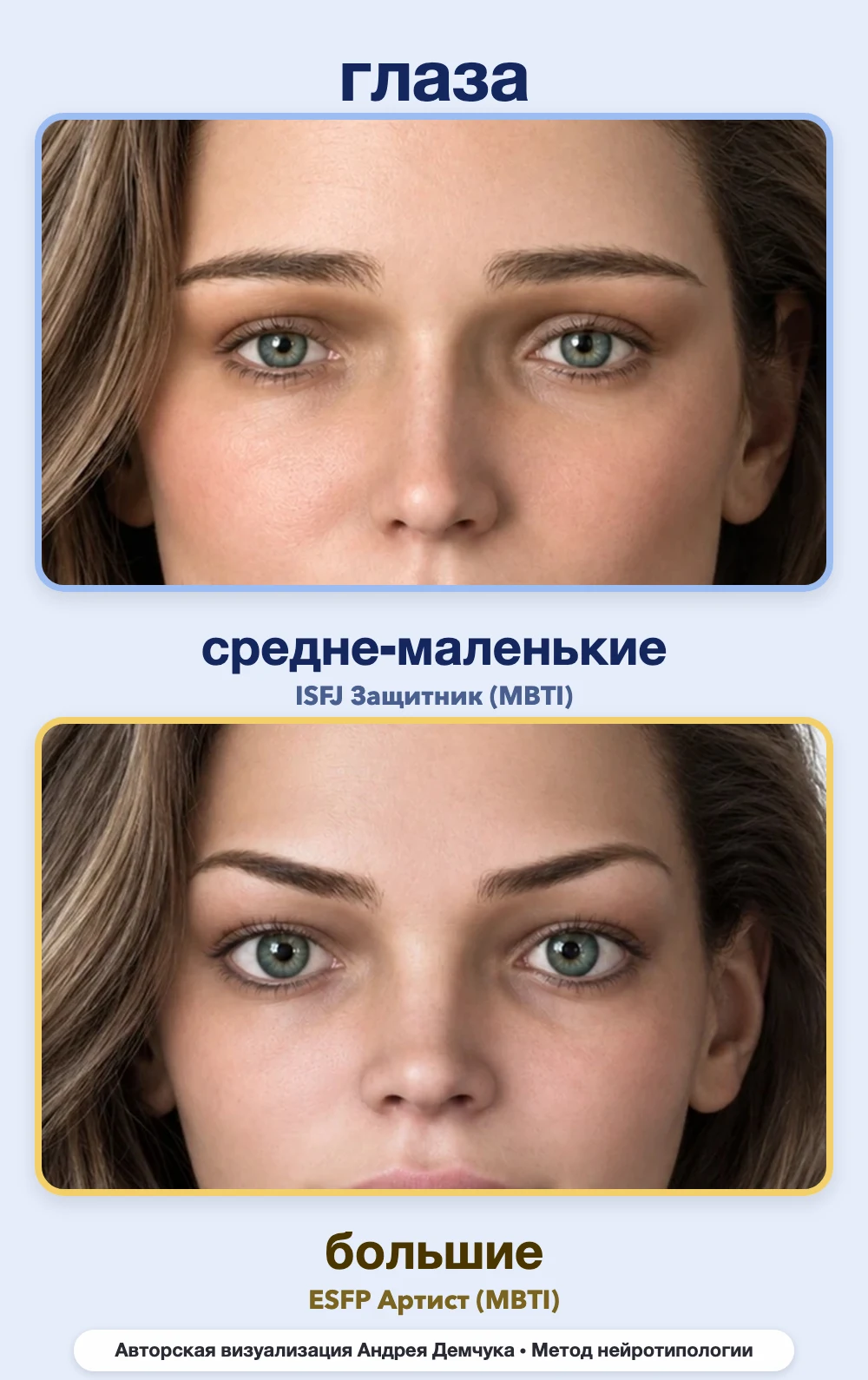 Размер глаз в нейротипологии, вид анфас: средне-маленькие (ISFJ) и большие (ESFP), сравнение архетипов Размер глаз в нейротипологии, вид анфас: средне-маленькие (ISFJ) и большие (ESFP), сравнение архетипов
