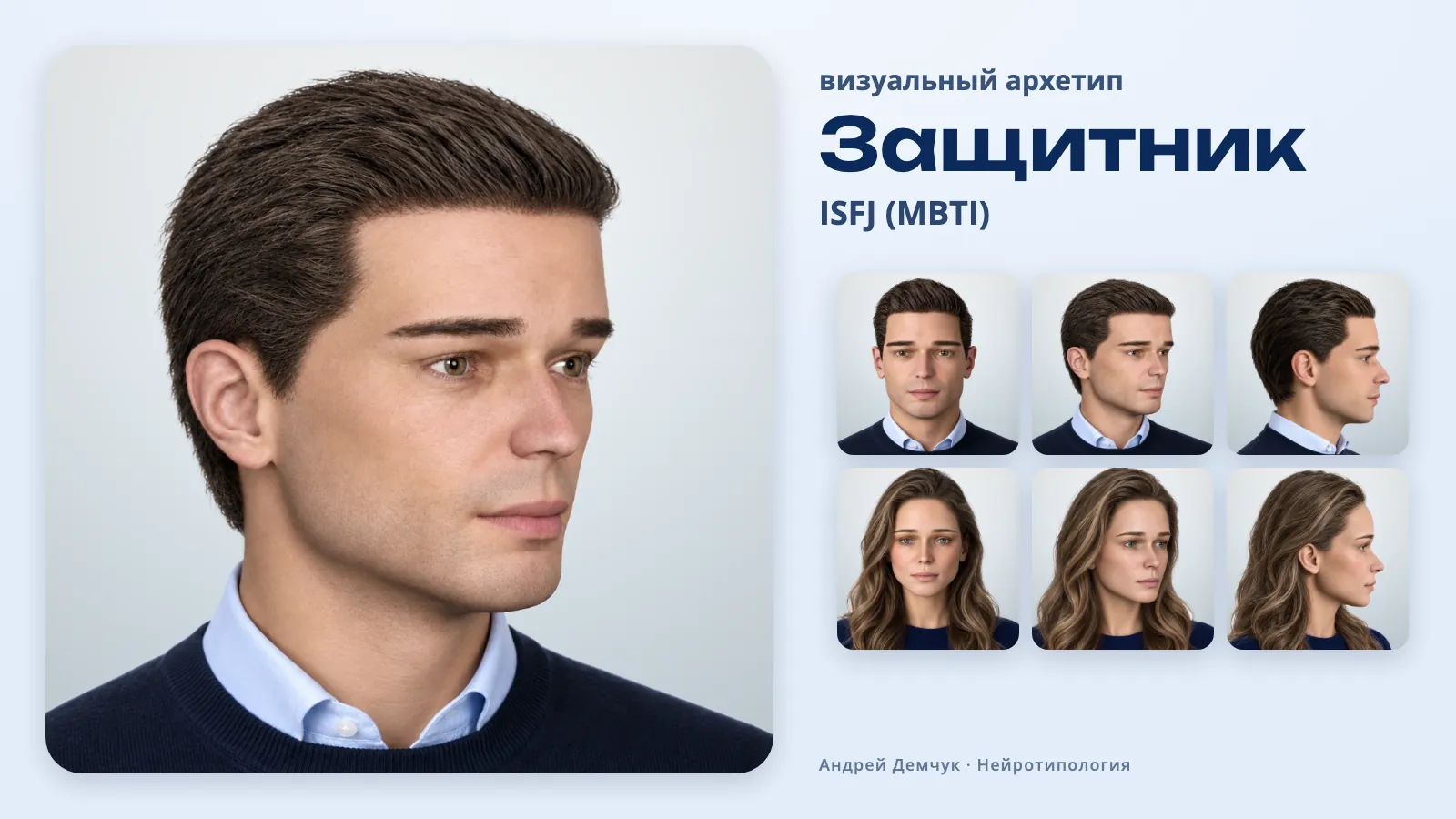 Защитник ISFJ — визуальный архетип: мужчина и женщина, анфас, три четверти и профиль ISFJ Защитник (MBTI): визуальный архетип, мужчина и женщина в трёх ракурсах