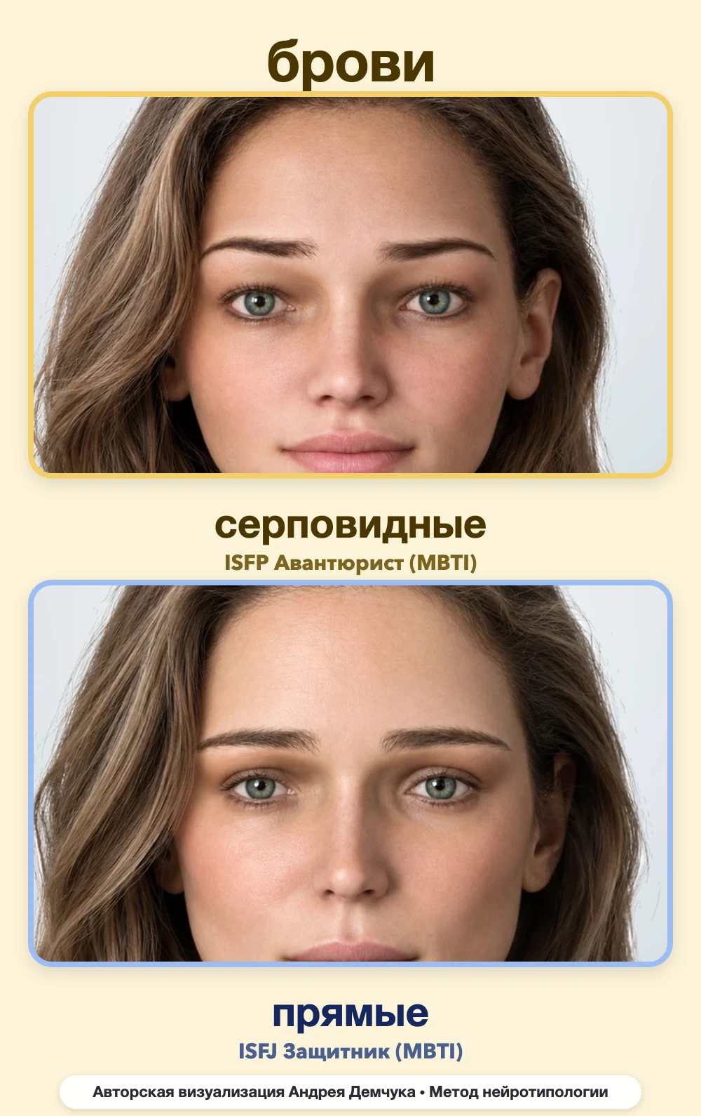 Форма бровей в нейротипологии, вид анфас: серповидные (ISFP) и прямые (ISFJ), сравнение архетипов Форма бровей в нейротипологии, вид анфас: серповидные (ISFP) и прямые (ISFJ), сравнение архетипов