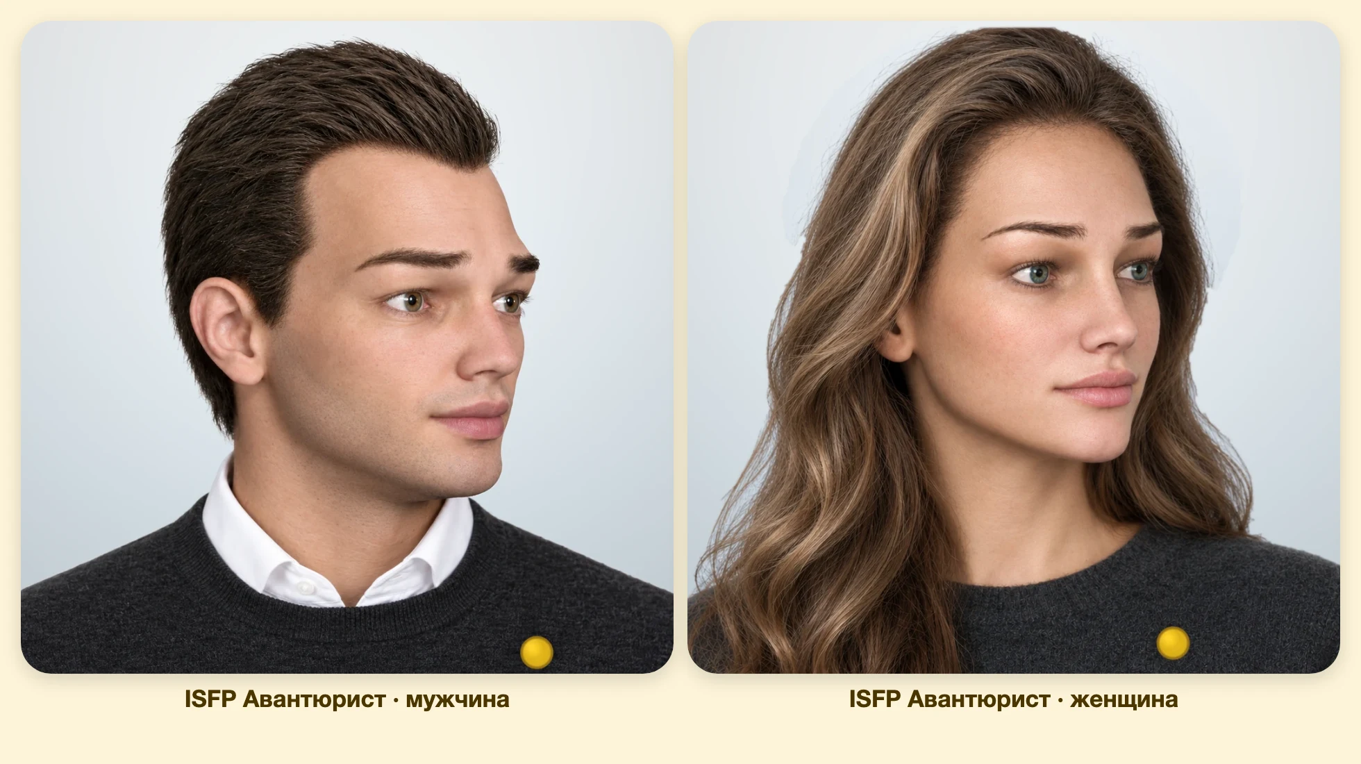 ISFP Авантюрист (MBTI): мужчина и женщина рядом, три четверти ISFP Авантюрист (MBTI): мужчина и женщина рядом, три четверти
