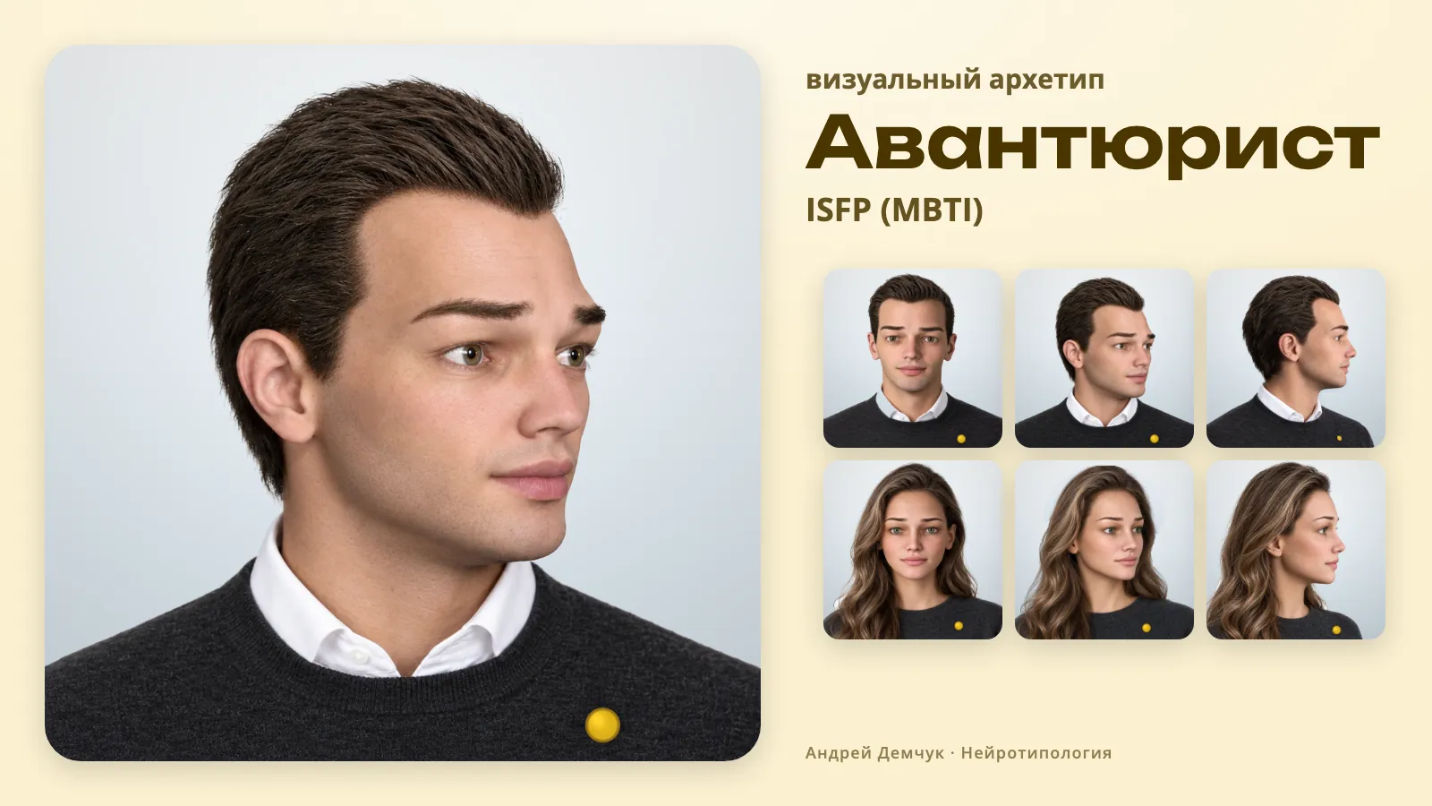 Авантюрист ISFP — визуальный архетип: мужчина и женщина, анфас, три четверти и профиль ISFP Авантюрист (MBTI): визуальный архетип, мужчина и женщина в трёх ракурсах
