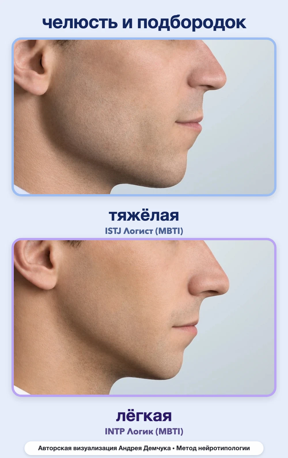Тяжесть челюсти в нейротипологии, вид в профиль: тяжёлая (ISTJ) и лёгкая (INTP), сравнение архетипов Тяжесть челюсти в нейротипологии, вид в профиль: тяжёлая (ISTJ) и лёгкая (INTP), сравнение архетипов