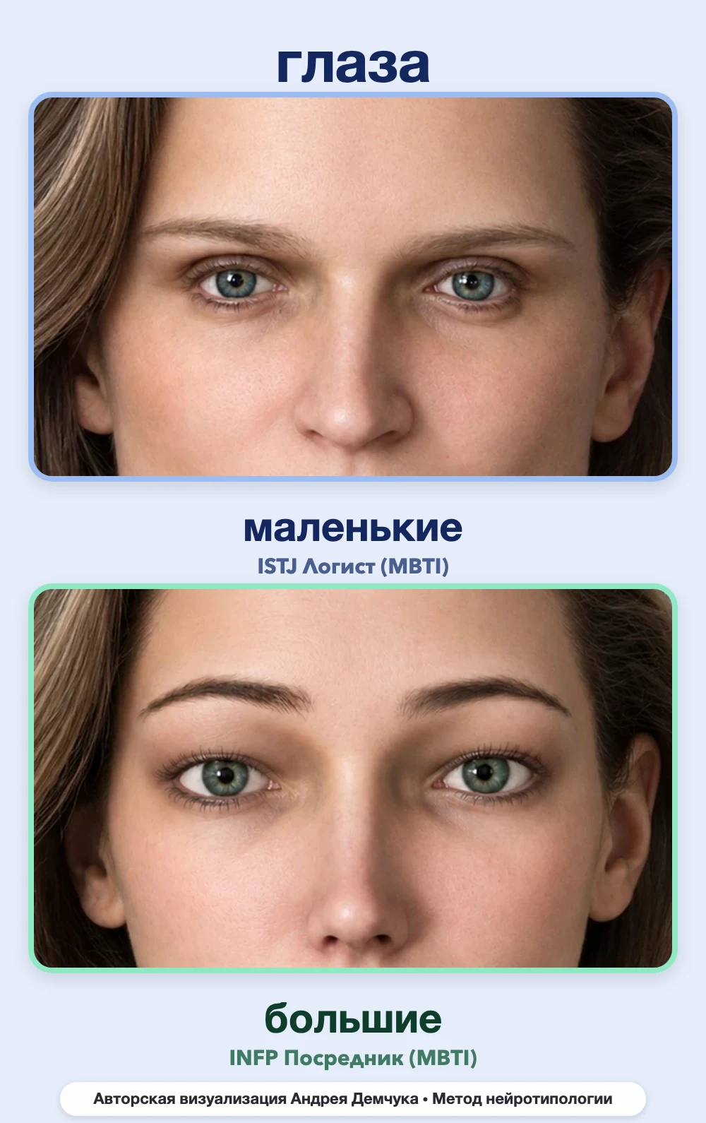 Размер глаз в нейротипологии, вид анфас: маленькие (ISTJ) и большие (INFP), сравнение архетипов Размер глаз в нейротипологии, вид анфас: маленькие (ISTJ) и большие (INFP), сравнение архетипов