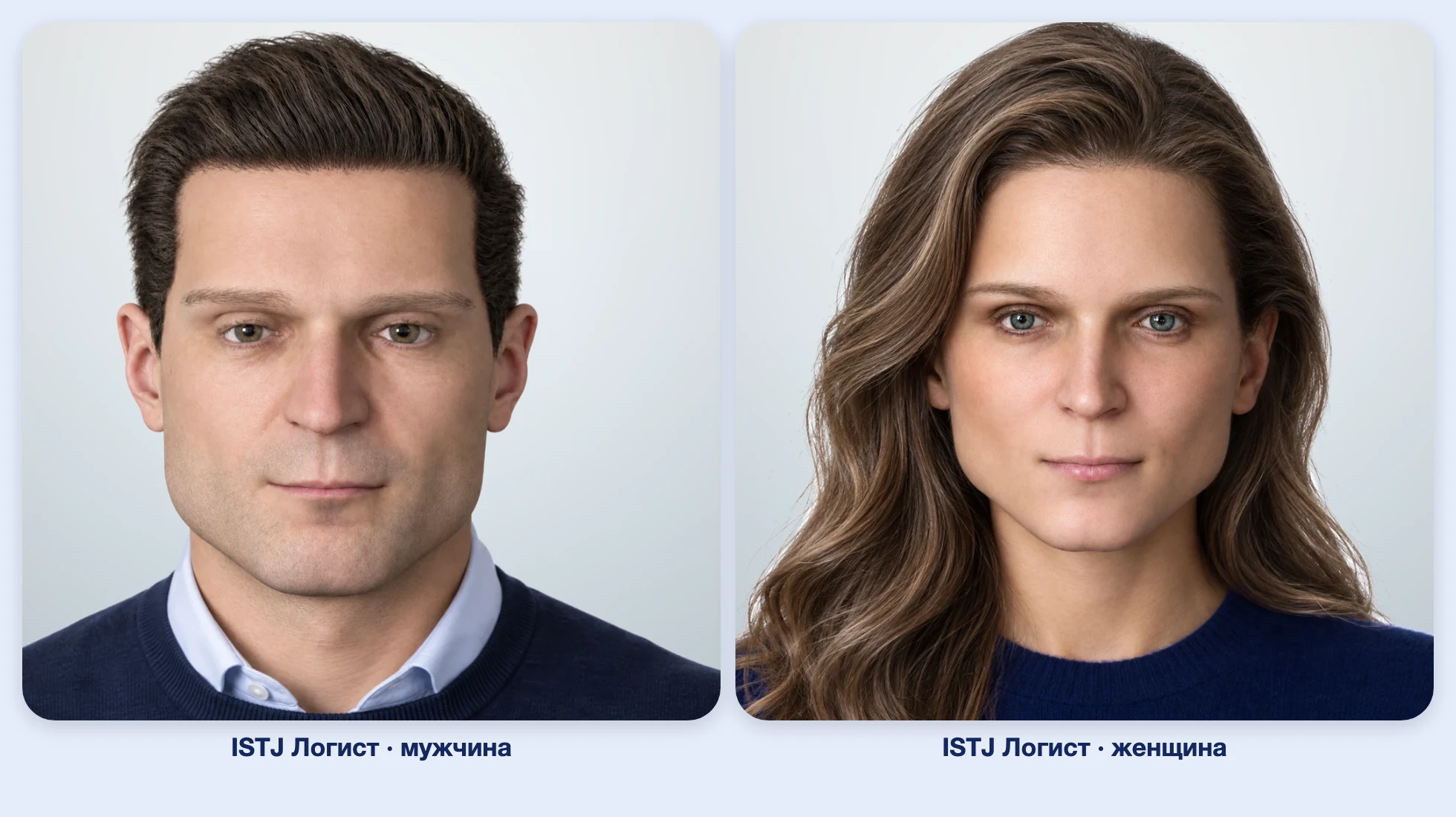 ISTJ Логист (MBTI): мужчина и женщина рядом, анфас ISTJ Логист (MBTI): мужчина и женщина рядом, анфас