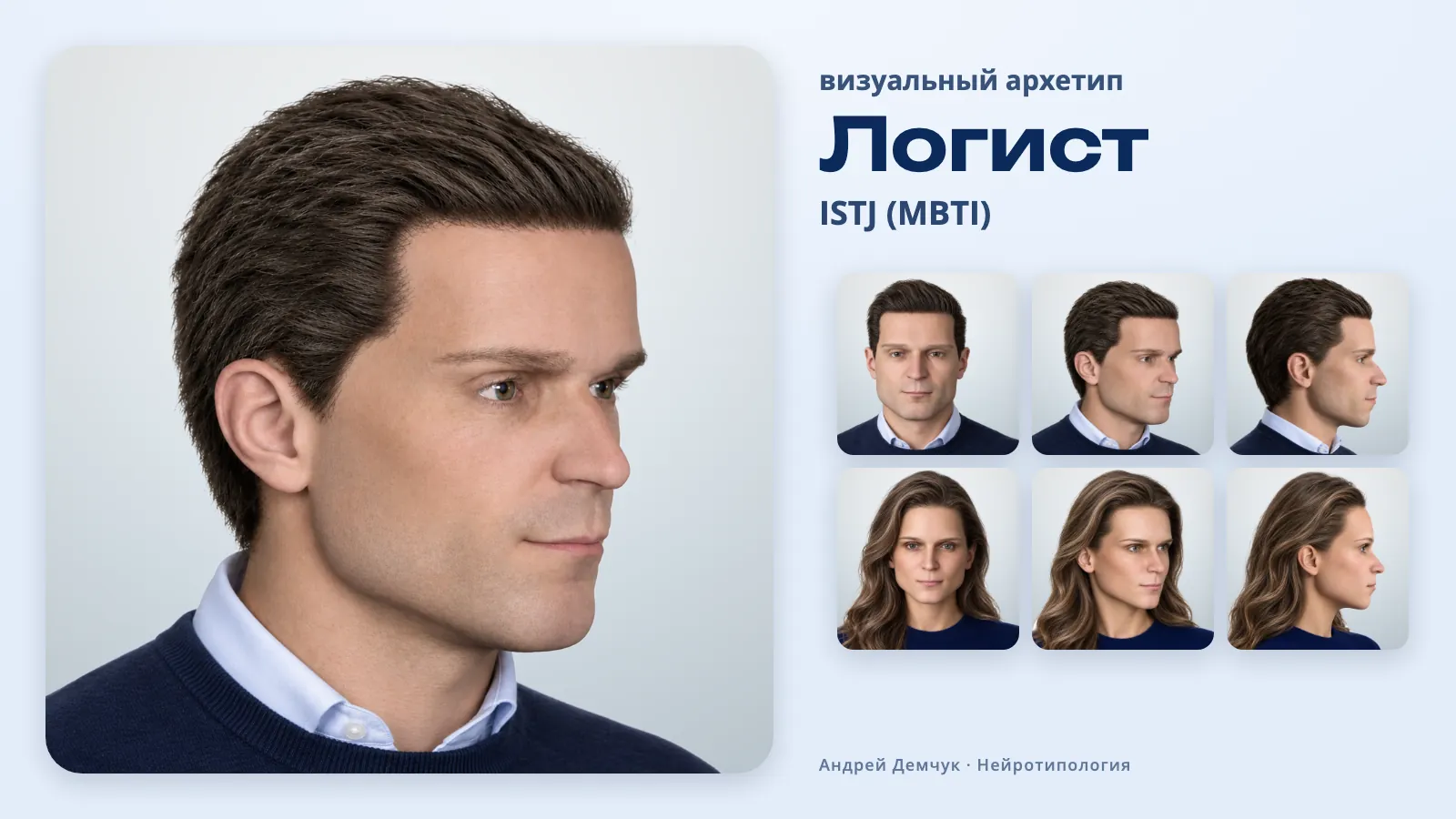 Логист ISTJ — визуальный архетип: мужчина и женщина, анфас, три четверти и профиль ISTJ Логист (MBTI): визуальный архетип, мужчина и женщина в трёх ракурсах