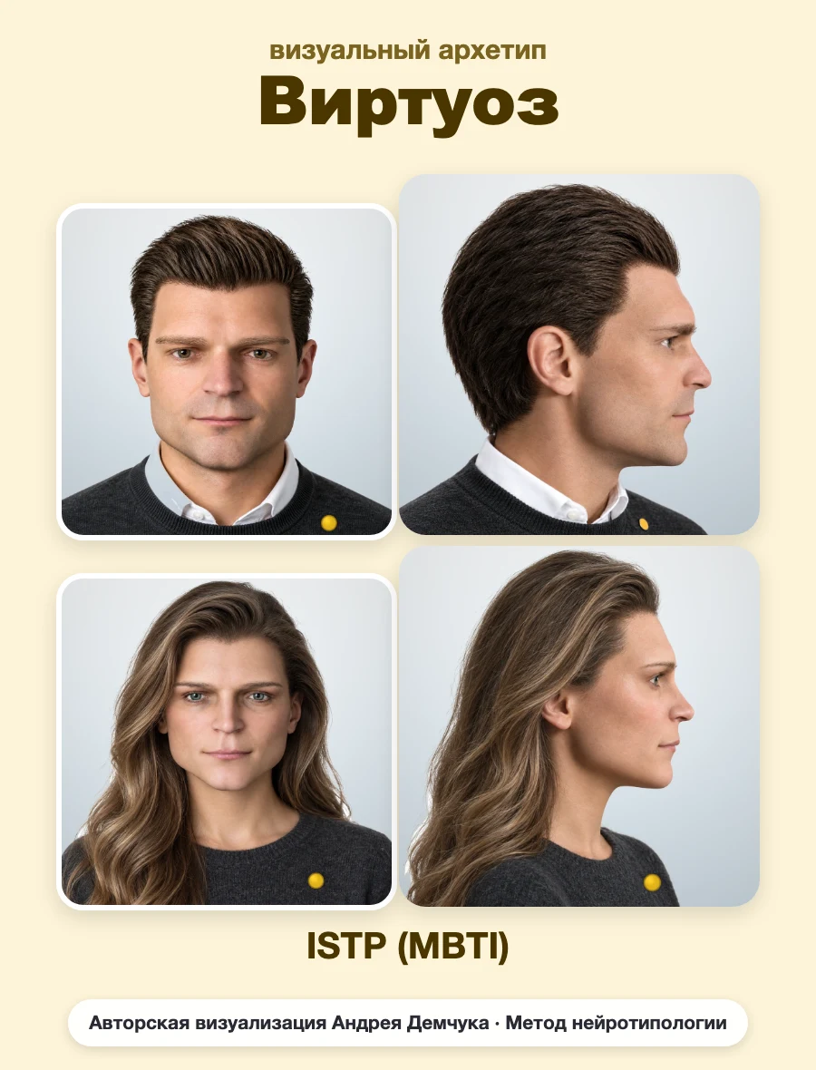 Виртуоз ISTP: анфас и профиль ISTP Виртуоз (MBTI): мужчина и женщина, анфас и профиль, визуальный архетип по нейротипологии