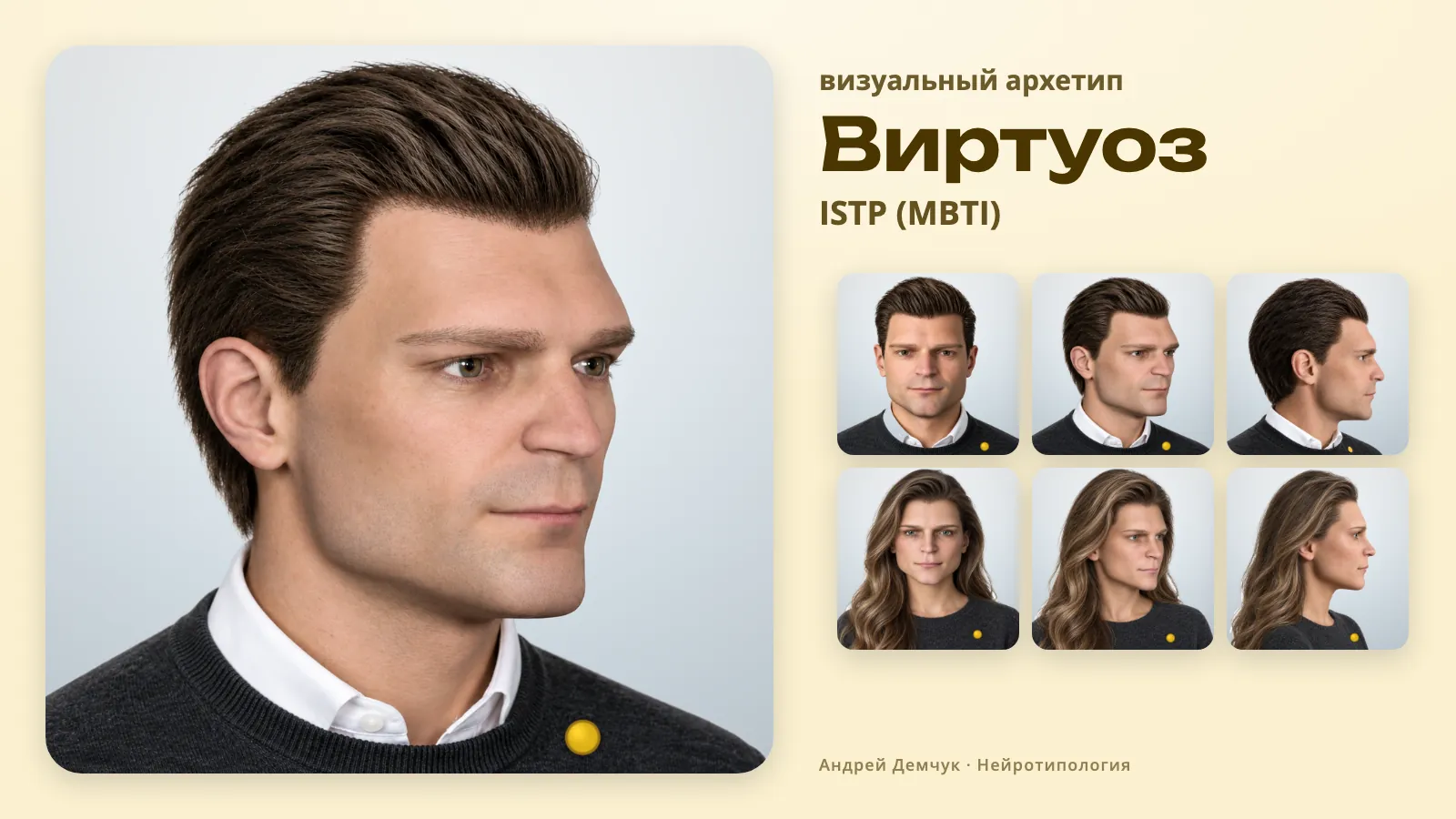Виртуоз ISTP — визуальный архетип: мужчина и женщина, анфас, три четверти и профиль ISTP Виртуоз (MBTI): визуальный архетип, мужчина и женщина в трёх ракурсах