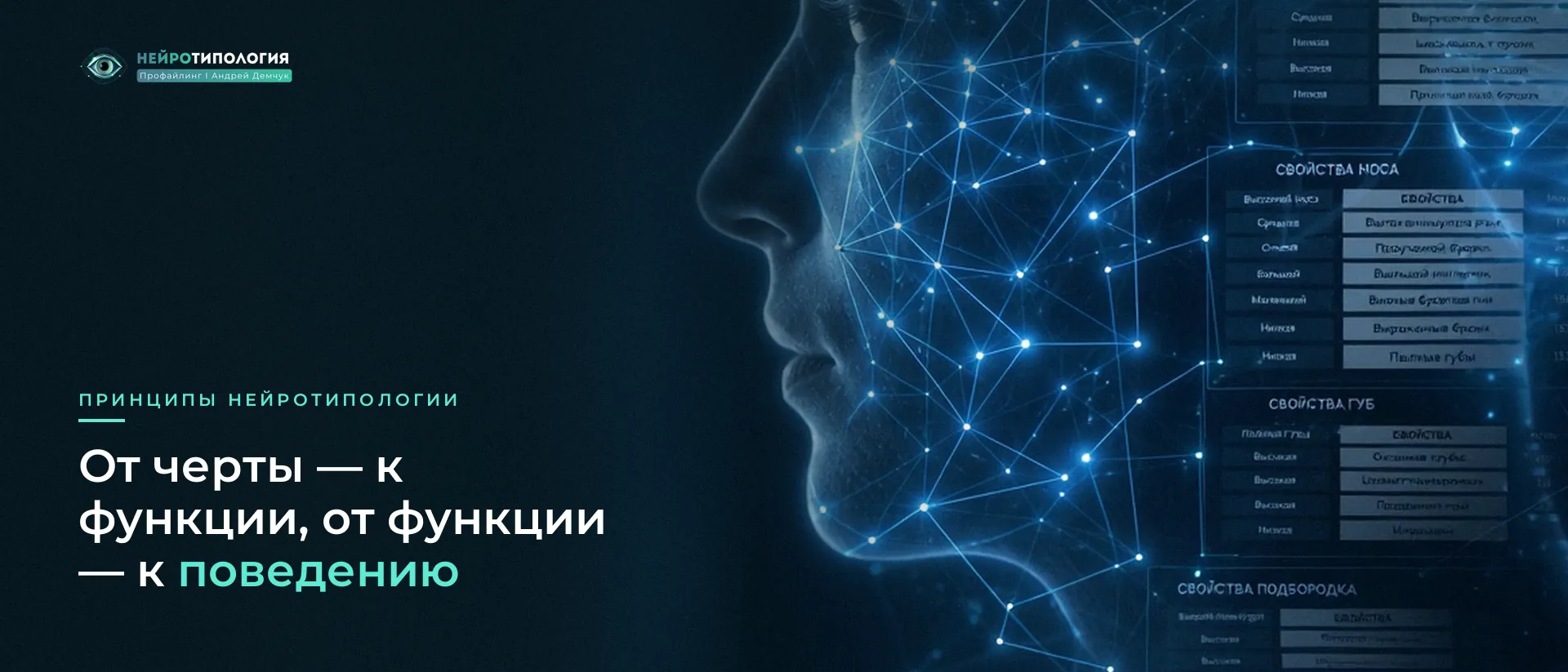 Профиль лица с сетью точек и таблицей функций