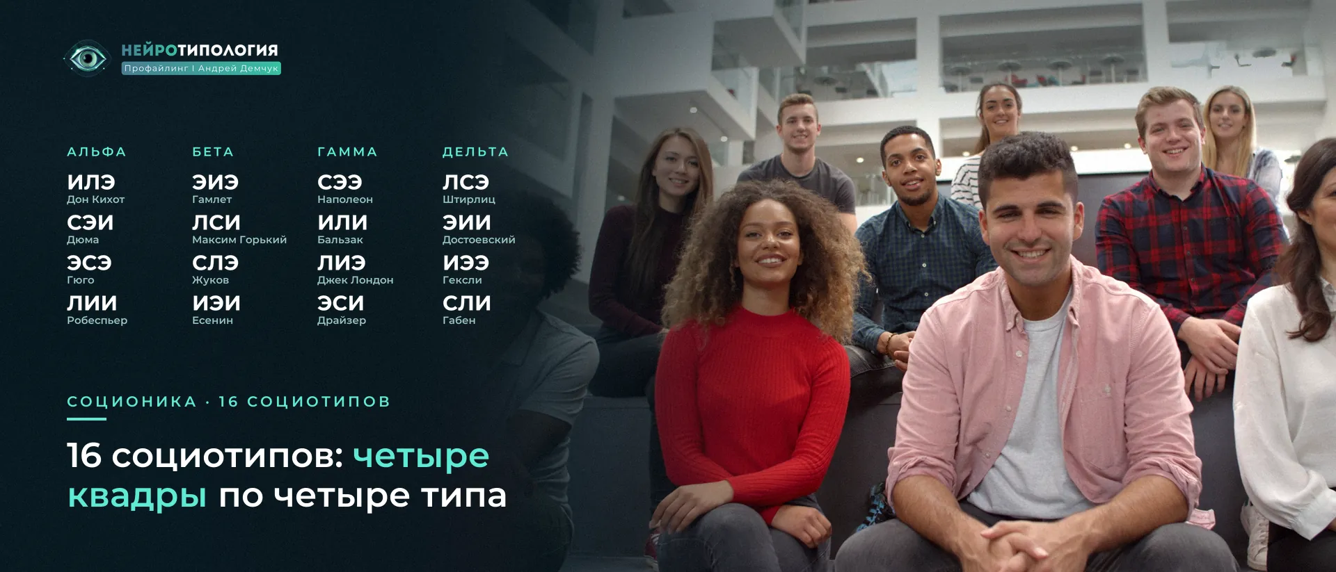 Группа разных людей и таблица 16 социотипов по квадрам