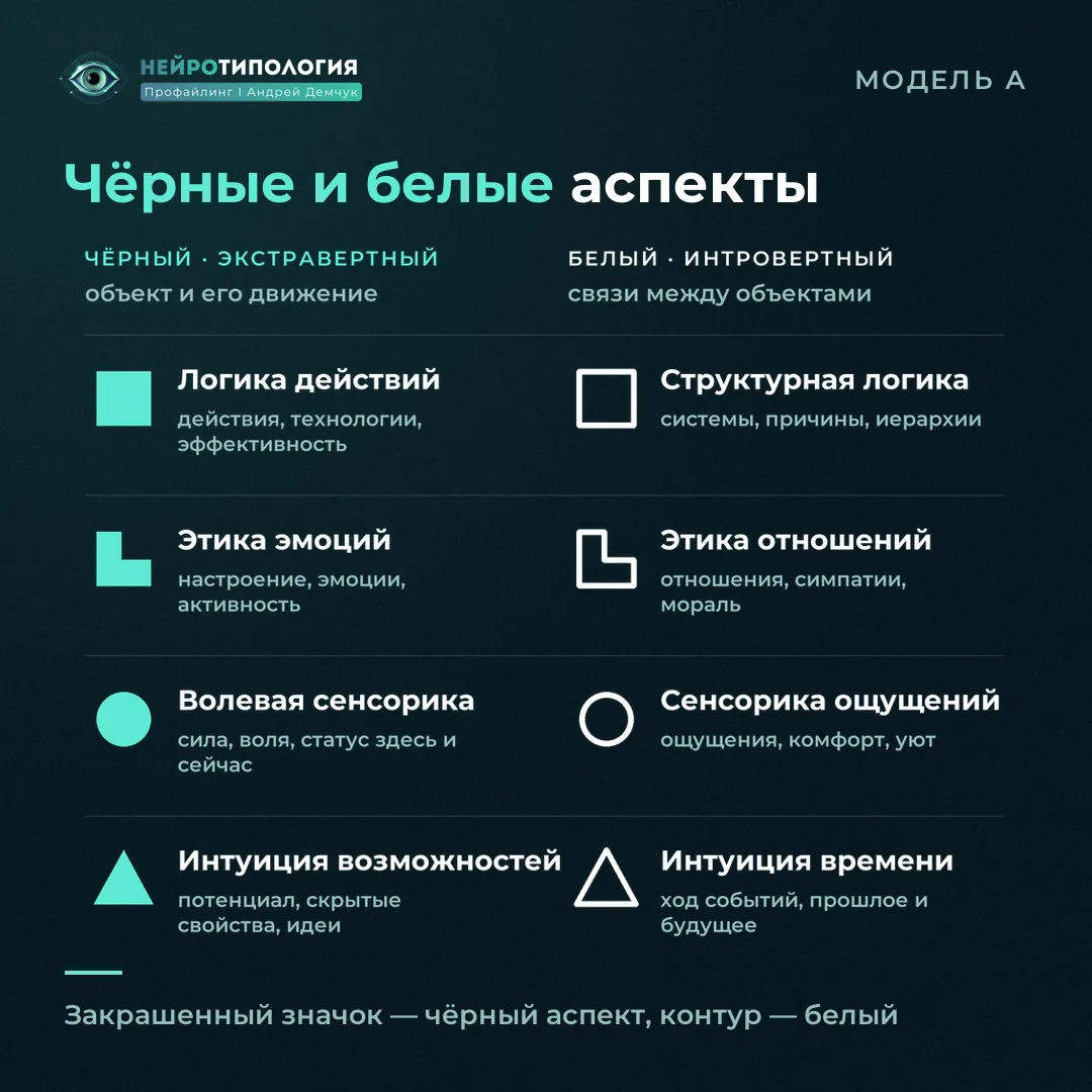 Чёрные и белые аспекты соционики: логика, этика, сенсорика, интуиция