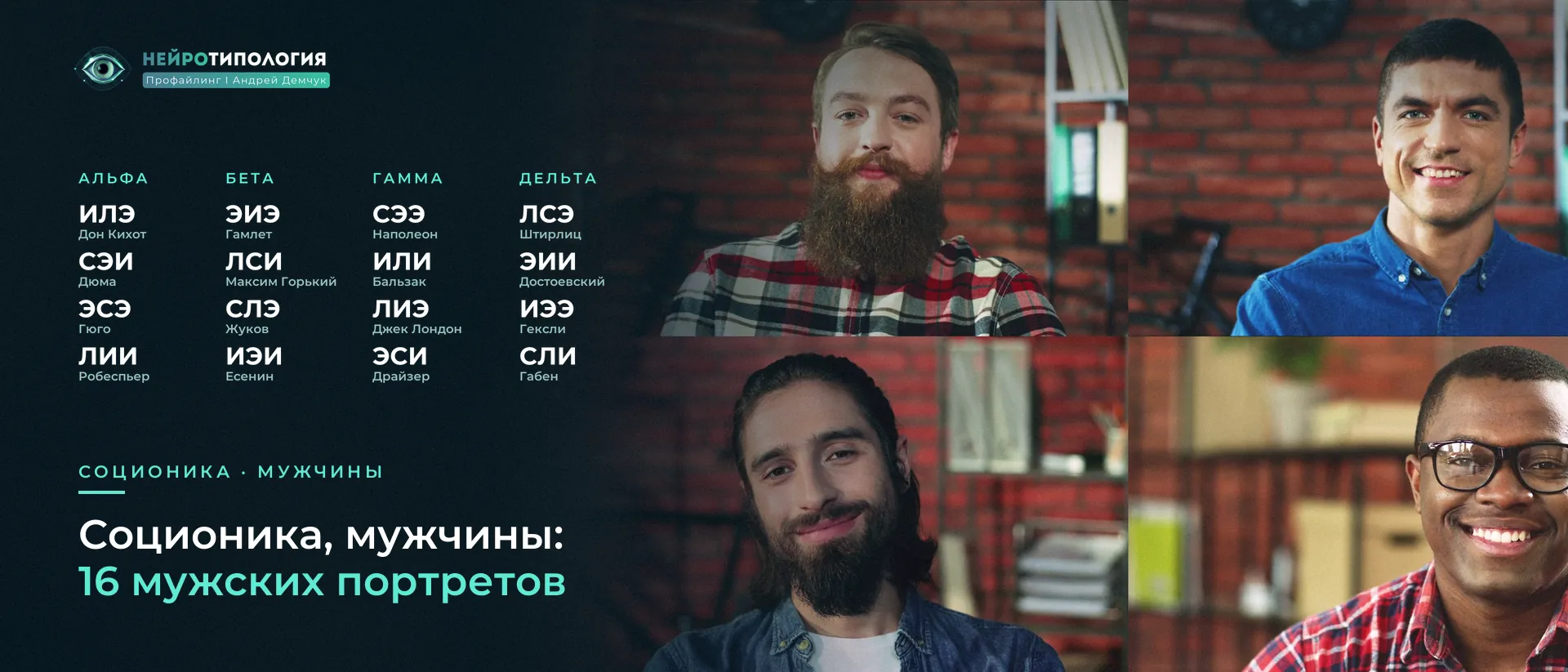 Четыре разных мужчины улыбаются: 16 мужских портретов социотипов