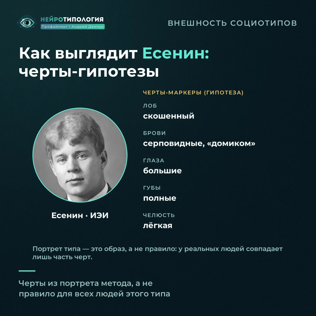 Внешность социотипа Есенин по нейротипологии: лоб, брови, глаза, губы, челюсть (гипотеза)